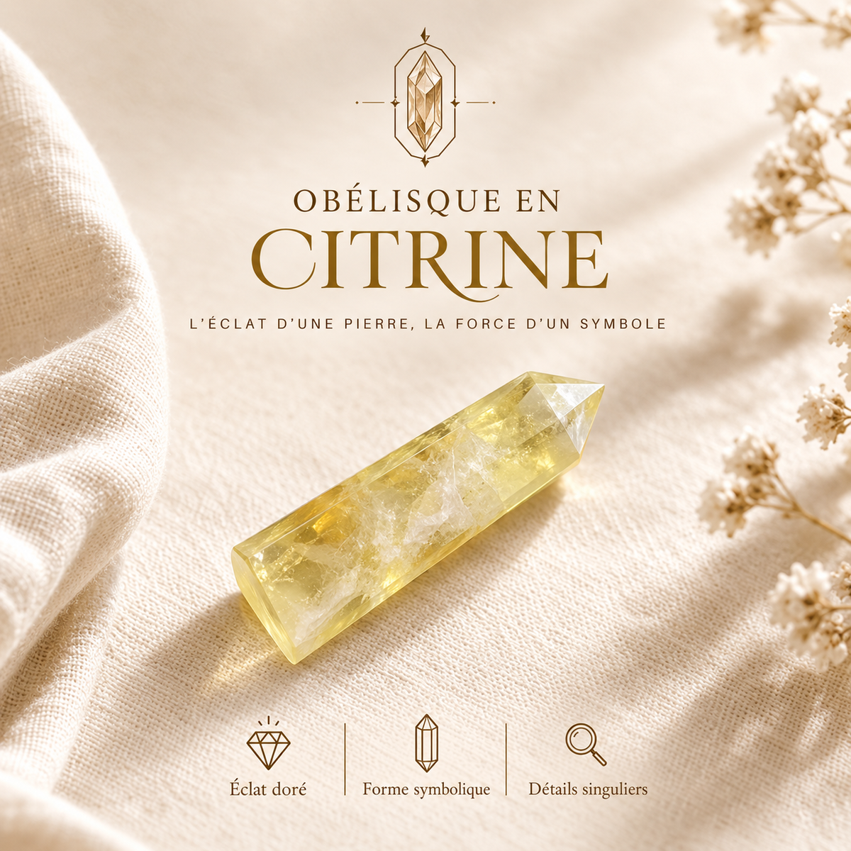 Obélisque en Citrine posé sur un tissu