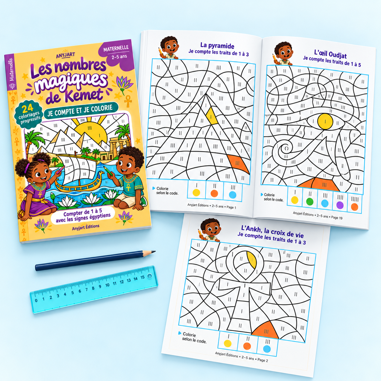 Pages intérieures du cahier : coloriages codés avec légende de couleurs