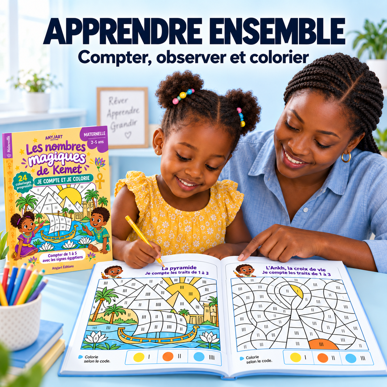 Une maman et sa fille colorient ensemble le cahier Les nombres magiques de Kemet