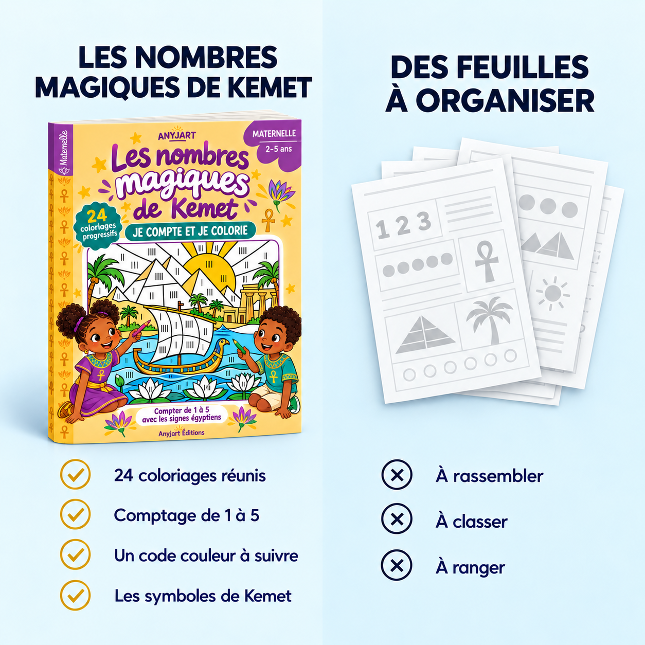 Contenu du cahier : 24 coloriages, comptage de 1 à 5, un code couleur à suivre, les symboles de Kemet