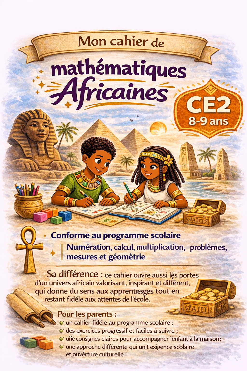 Mon cahier de mathématiques africaines – CE2 8-9 ans | Conforme au programme scolaire | Numération, calcul, multiplication, problèmes, mesures et géométrie
