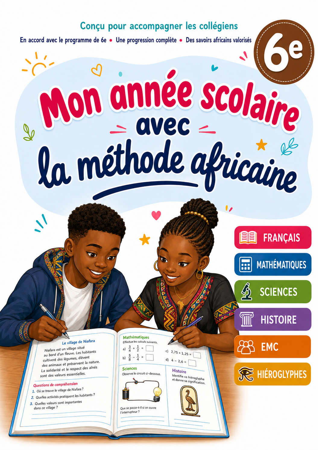 Mon année scolaire avec la méthode africaine : 6ème 11-12 ans – Français, mathématiques, histoire-géographie et hiéroglyphes | Exercices progressifs avec corrigés
